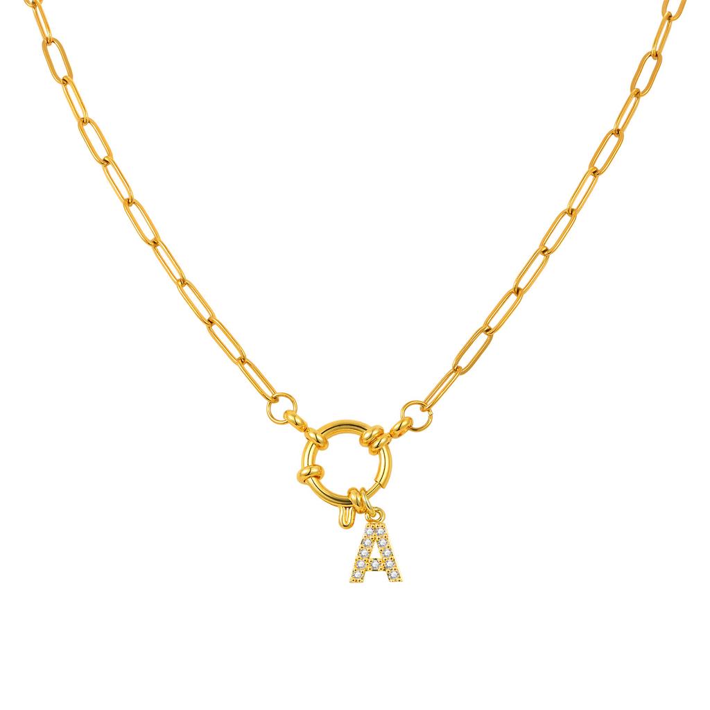 Stainless Steel Plated 18K Gold Stylish Simple Small Square Chain Bubble Buckle Copper 26 Letter Necklace Nc-1887