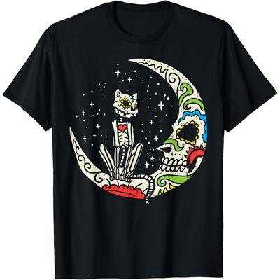 Sugar Skull Cat Moon Dia De Los Muertos Halloween Costume Cotton Men T Shirt