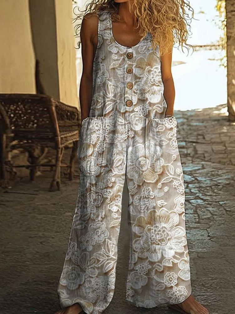 Damen Ärmelloser Jumpsuit mit Blumenmuster, Knopfleiste vorne und Seitentaschen