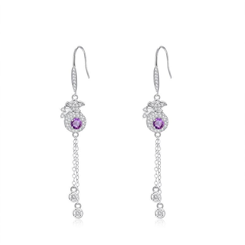 

S925 Sterling Silver Tassel Drop Earrings Natural Amethyst/Olivine Fortune Bag Design Jewelry 925 silver