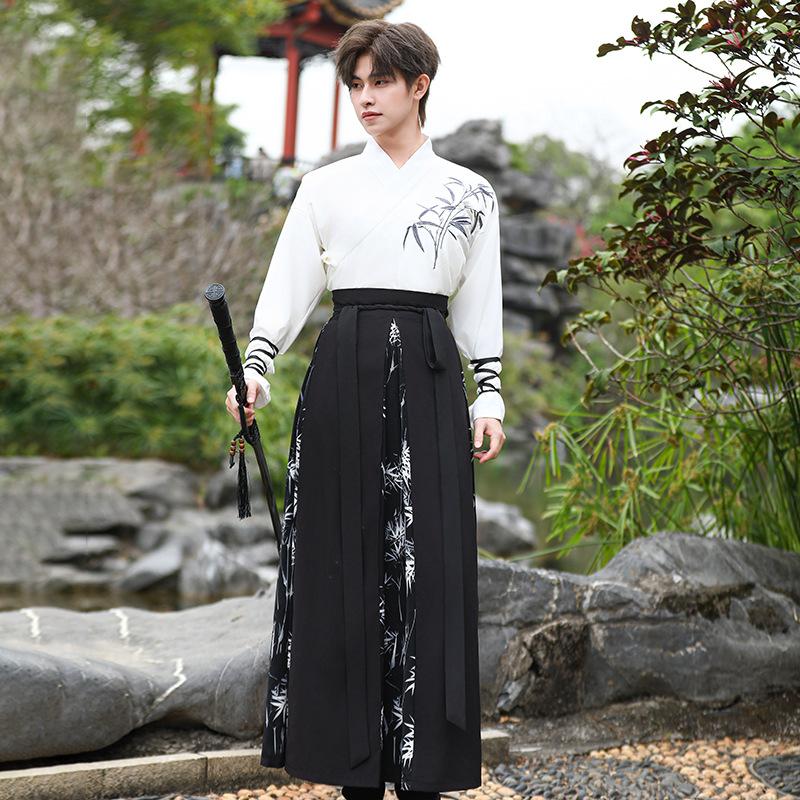 Men's Chinese Style Hanfu Set, Bamboo Embroidery Cross-Collar Wuxia Martial Arts Costume