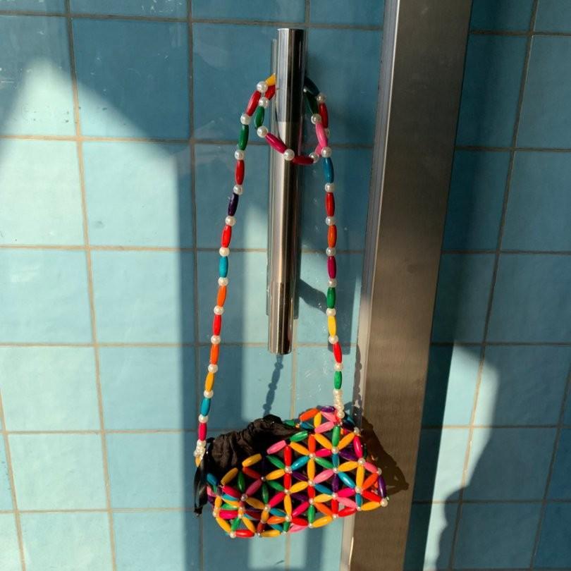 Korean Style Beaded Bag Handmade, Wooden Crochet Knitting Purse with Inner Pocket, Candy Color Shoulder Crossbody Bag