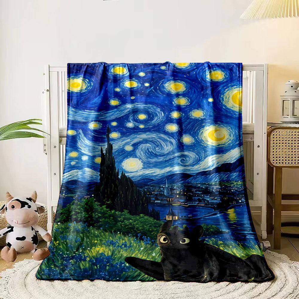 Swirling Starry Sky with Vibrant Yellow Stars Over a Peaceful Town. for All Seasons Blanket Lunch Break Throw Gift