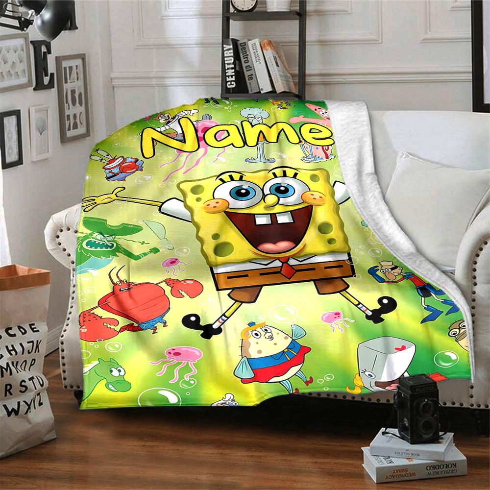 Custom Name Spongebob Friends Flannel Blanket for Super Soft Cute Comfort Blanket for Travel Bedding Couch Sofa Blanket