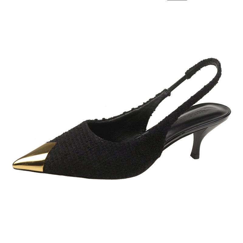 Black High Heels Women's Design Sense 2024 Summer New Korean Version French Pointed Line Single Shoes Metal Bag Head Sandals