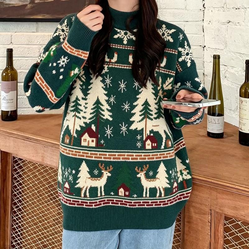 Womens Loose Knit Sweater With Christmas Deer Embroidery Long Sleeve Pullover Winter Holiday Season