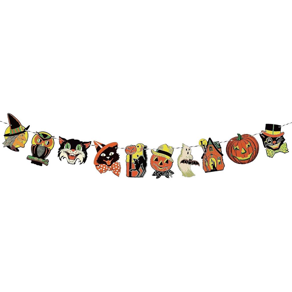 Vintage Halloween Hanging Banner Decoration, Retro Halloween Trick or Treat Cute Pumpkin Witch Ghost Cat Wall Bunting Garland Card Banner Cartoon