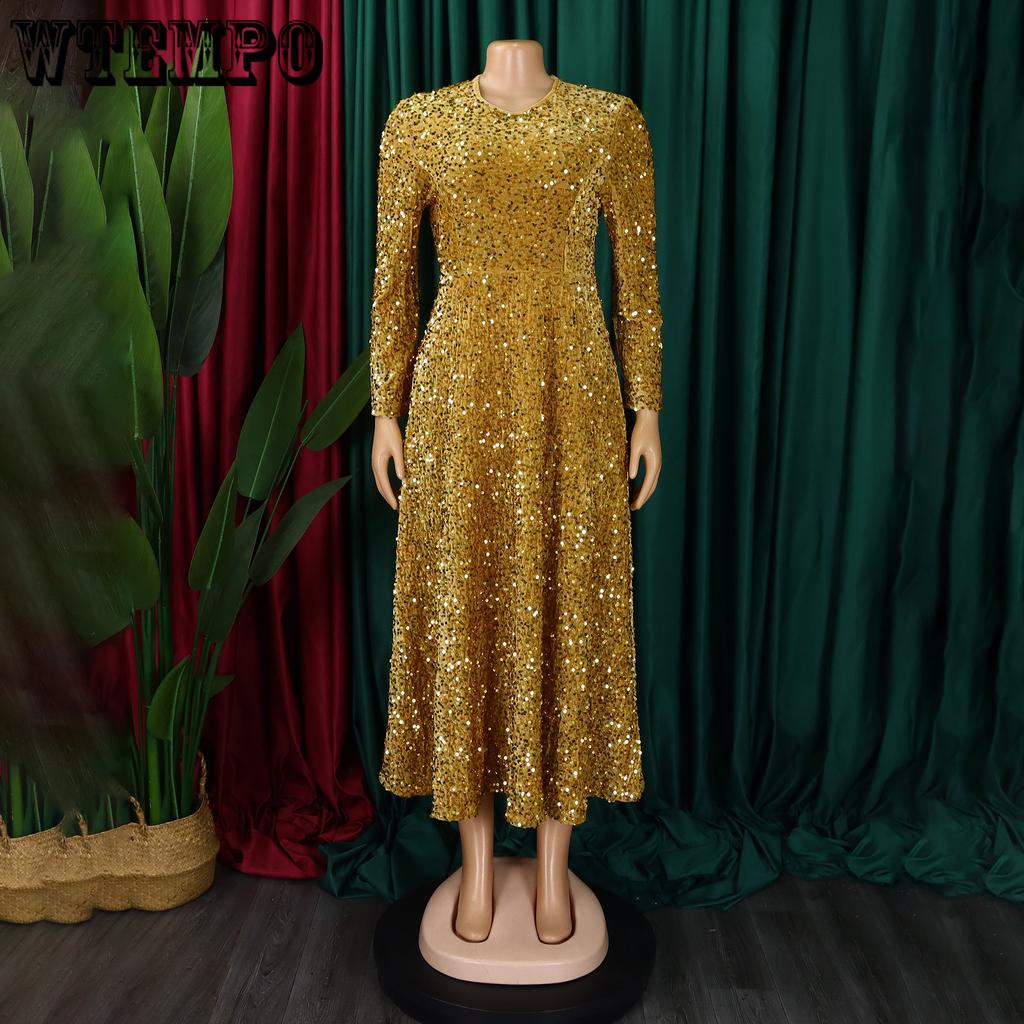 Sukienki damskie z okrągłym dekoltem, długim rękawem, jednolitym kolorem, cekinami, wysokim stanem, o średniej długości