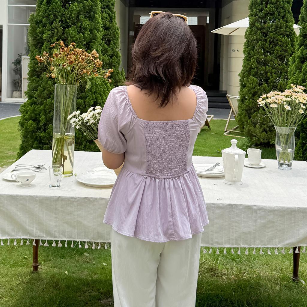 Large Size Age-reducing Sweet Square Neck Short-sleeved Shirt for Women's 2026 Summer New Waist-closed and Thin Top 234857
