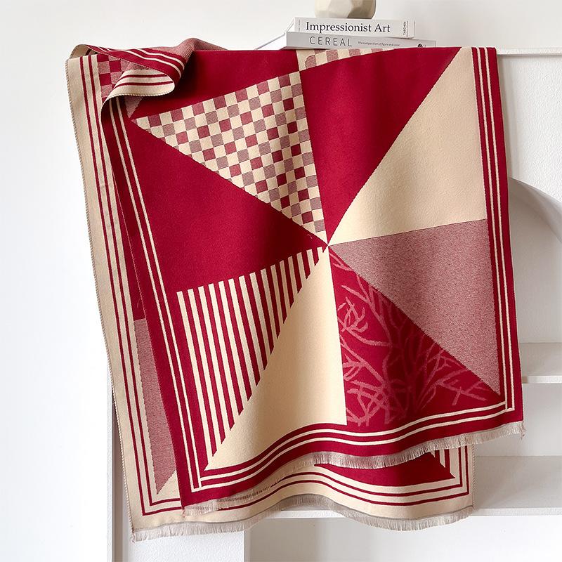 imitation cashmere scarf retro style plaid texture contrasting color double-sided personalized high-grade warm shawl