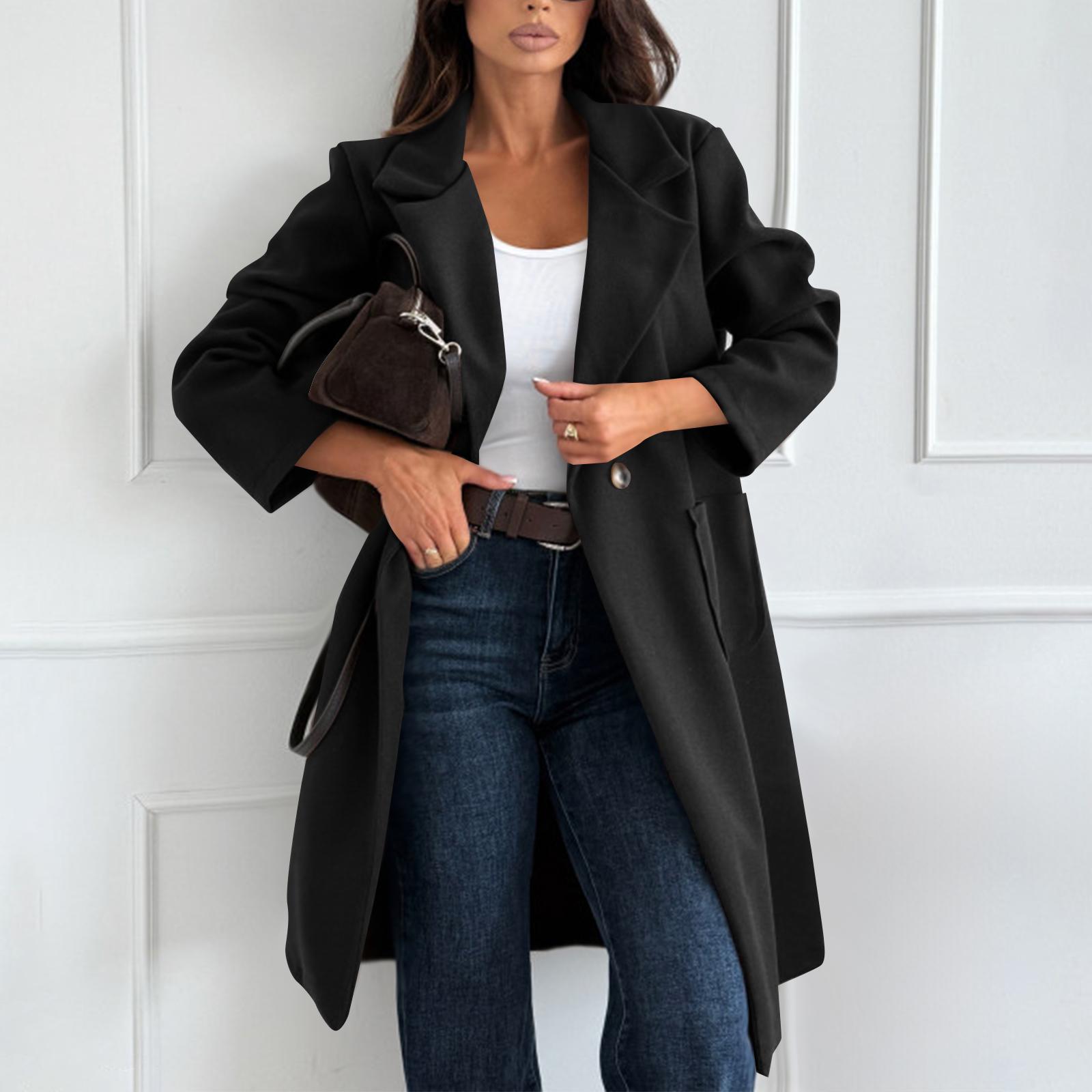 

Женское модное повседневное шерстяное однотонное длинное пальто S чёрный