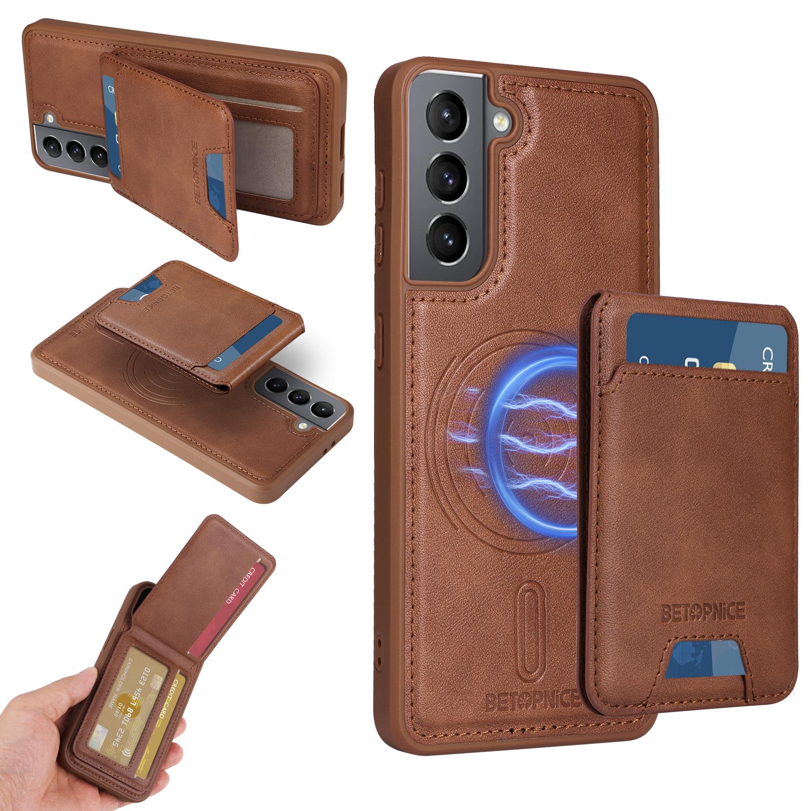 

For Samsung Galaxy S21 4G Magnetic Case BETOPNICE RFID Blocking Leather Phone Back Cover with Detachable Card Bag Brown