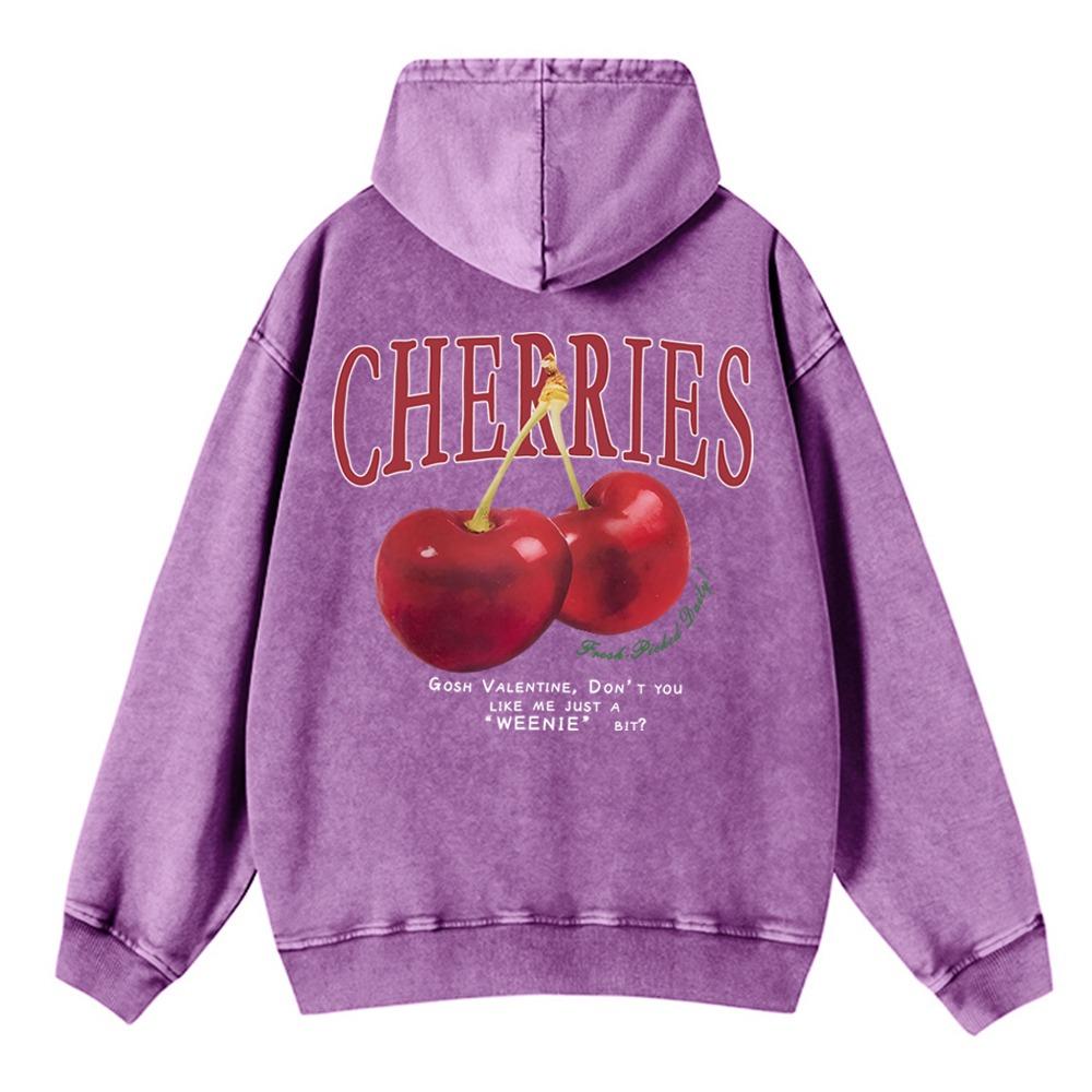 Trend Women Acid Wash Hoodies Fresh Red Cherries Prints Sweatshirts Oversize Pocket Cotton Pullovers Street Female