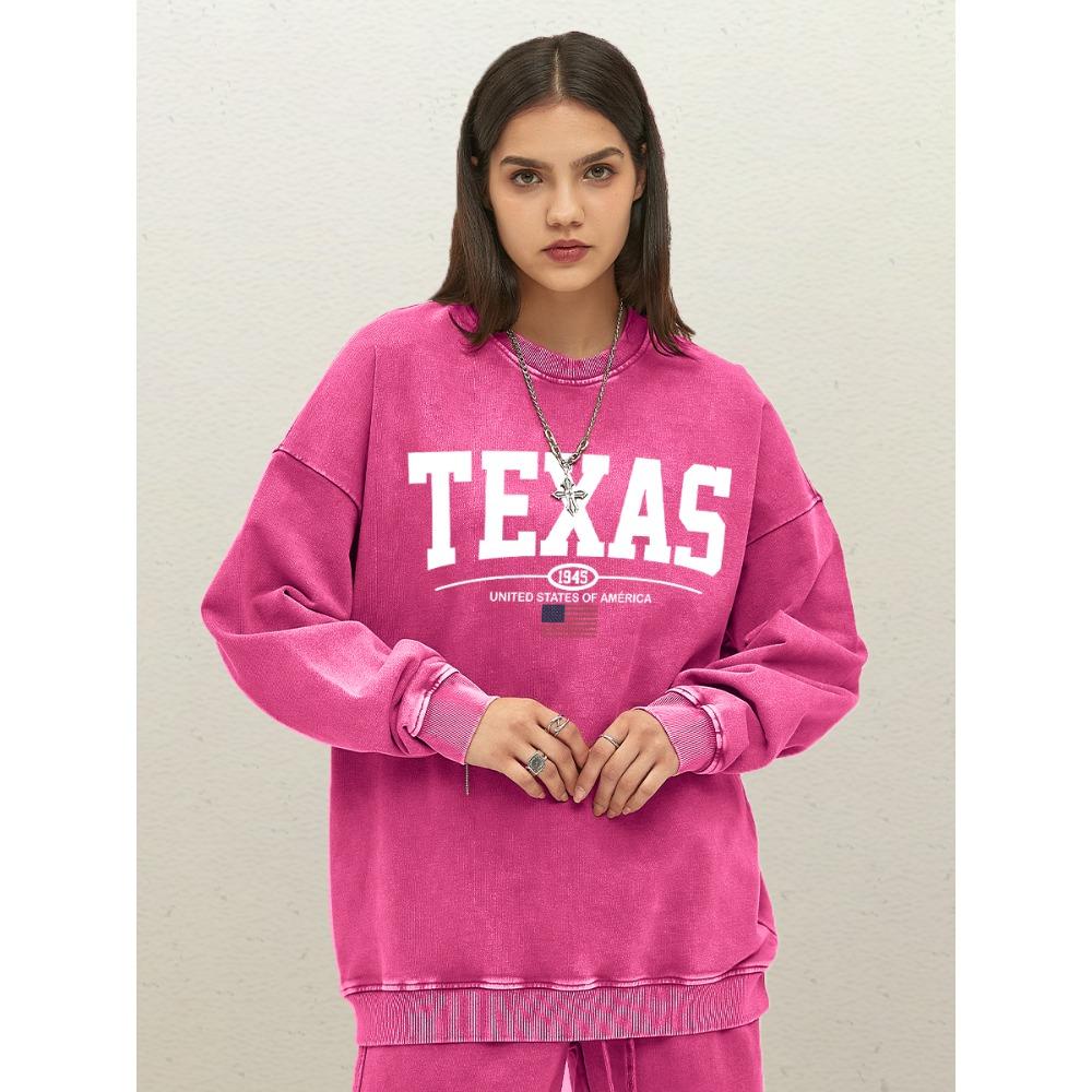 Texas Usa City Art Letter 1945 Pattern Womens Washed Sweatshirt Crewneck Cotton Streetwear Autumn Casual Woman
