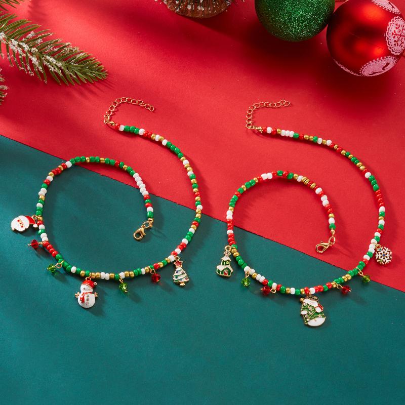 Christmas Necklaces for Women Girls Handmade Rice Beads X'mas Tree Santa Claus Snowman Gift Necklace Pendant New Year Jewelry