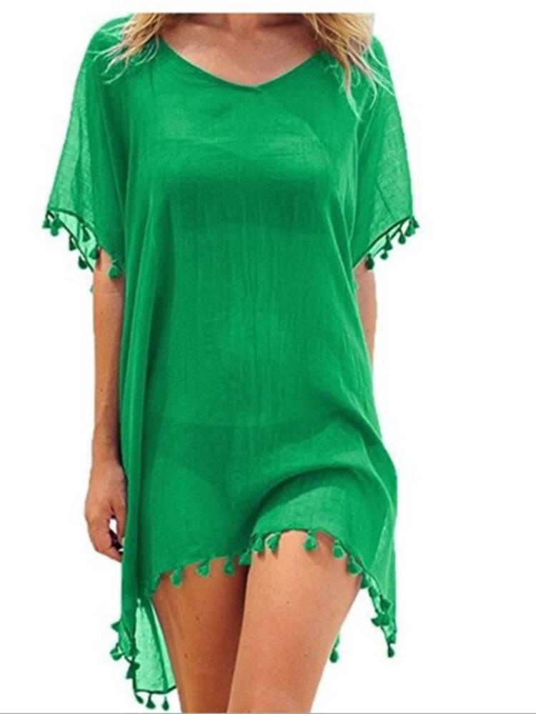Women's Round-neck Loose Small Broom Fringed Chiffon Dress Beach Coverall Large Size Sexy in Stock