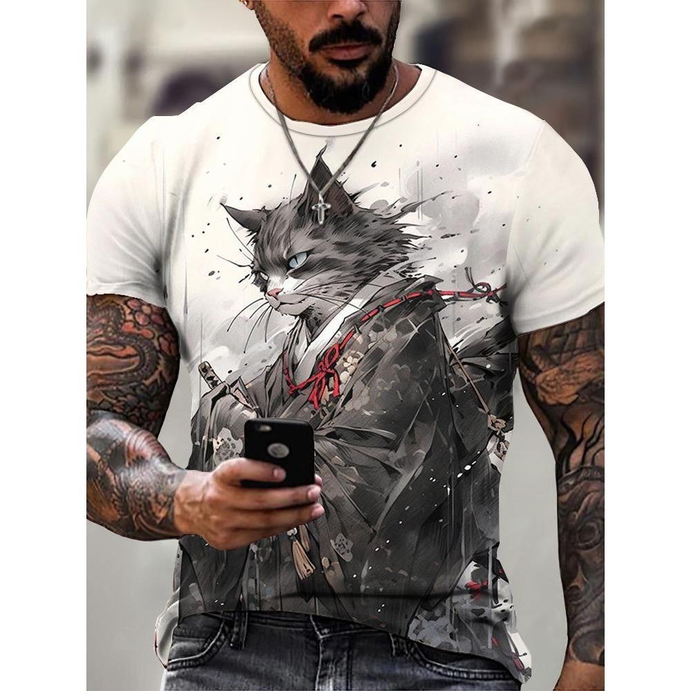 Japan Style Men's T-shirts 3D Samurai Cat Theme Print Short Sleeve T Shirts Fashion Men Women Crew Neck Tops Summer Clothing