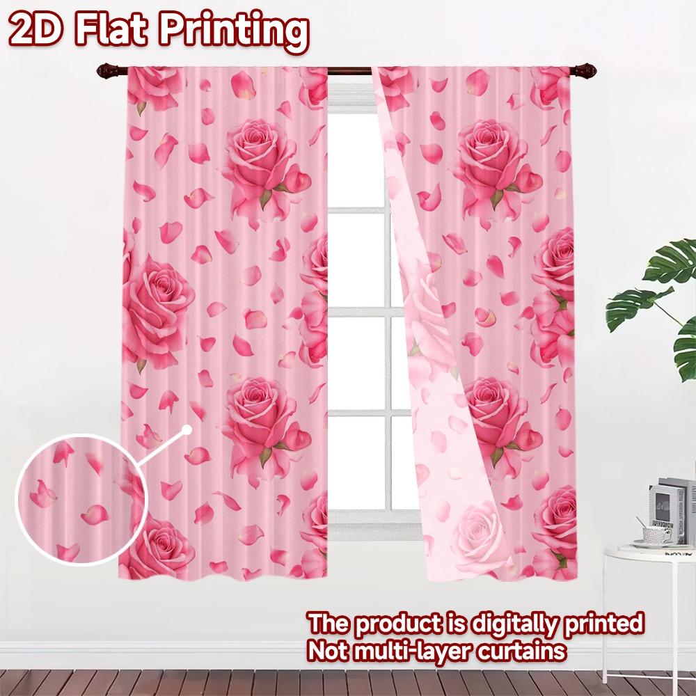2D FLAT PRINTING 2pcs Curtains (Without Rod) Valentine's Pink Roses Pattern Modern Curtains Fabric Curtains Eid al-Fitr Suitable