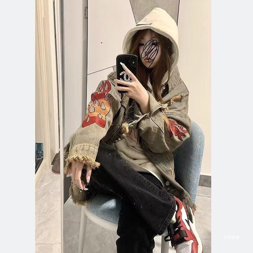 Unisex Street Rapper Retro Denim Jacket - Loose Fit, Plus Size, Spring/Autumn Hong Kong Style