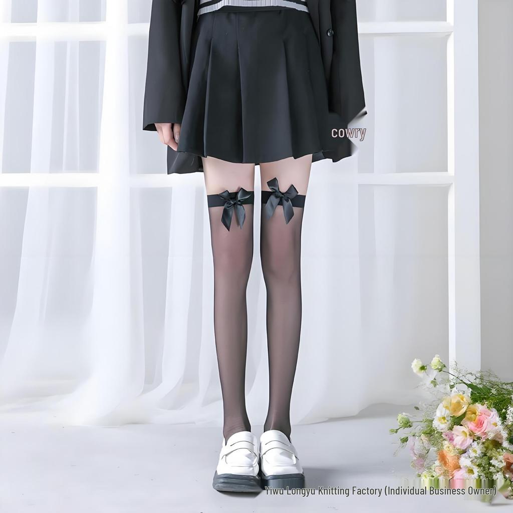 Czarne Koronkowe Pończochy do Uda z Kokardką - Damskie Seksowne Skarpetki za Kolano