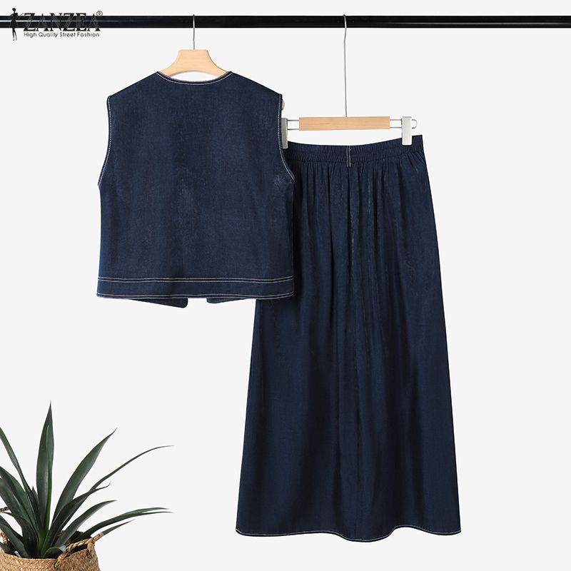 ZANZEA Damen Ärmellose Westen Tops und Hosen Lässige Zweiteiler Anzugsets