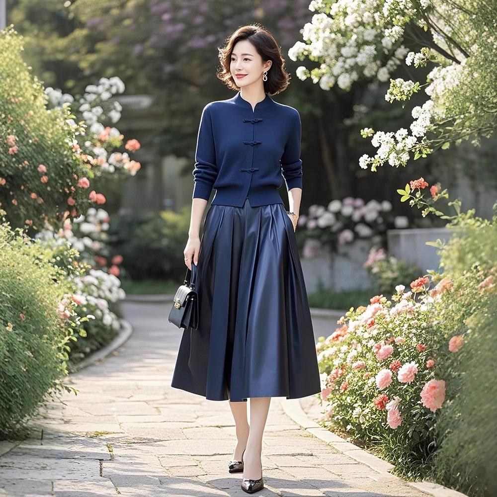2025 Chinese-Style Two-Piece Set: Knitted Sweater & Midi Skirt for Middle-Aged Women