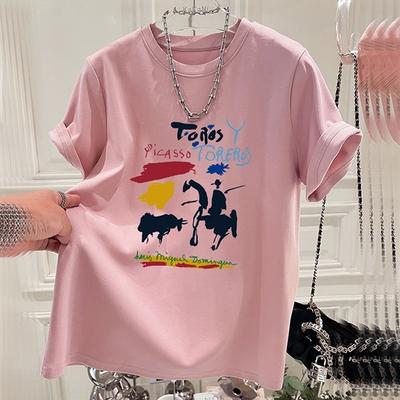 2025 Sommer Vintage Grafikdruck T-Shirt für Frauen Kleidung Harajuku Reine Baumwolle Übergroßes T-Shirt Damen Luxuskleidung rosa Y2k Tops Streetwear