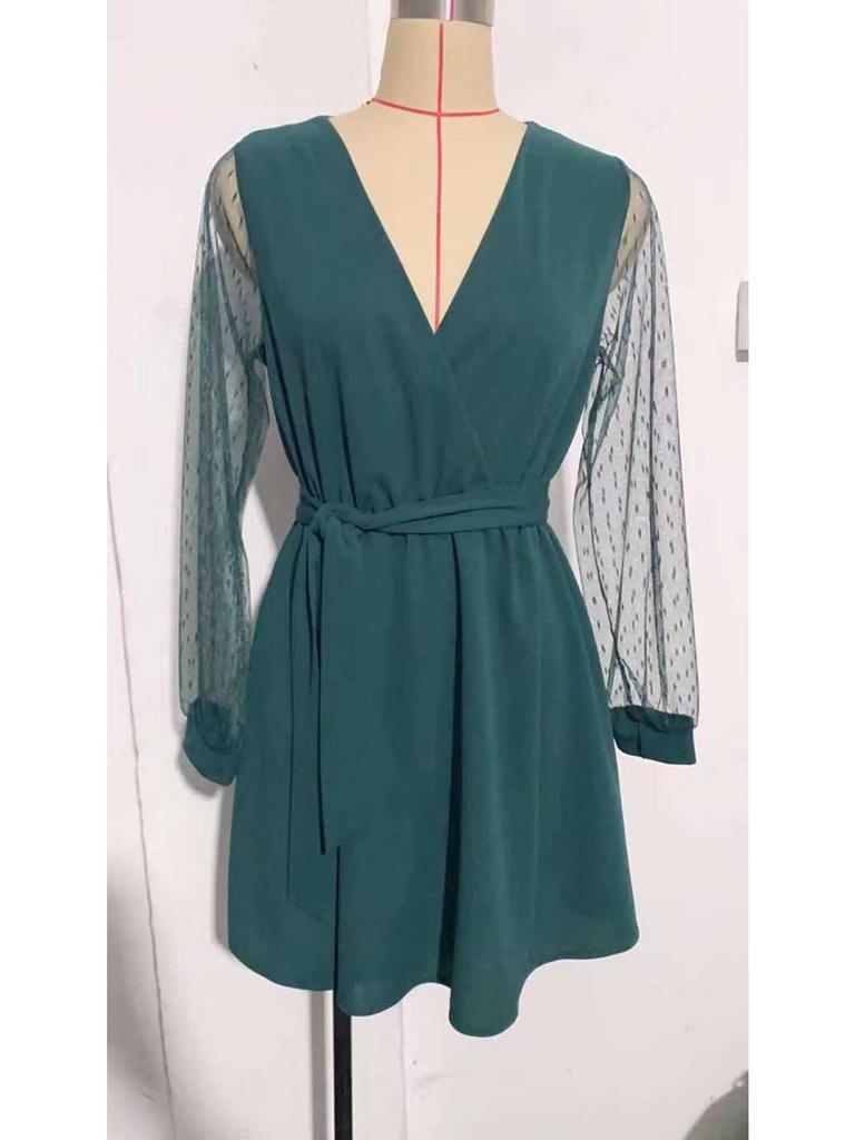 V Neck Lace Long Sleeve Women  Dresses High Waist Splicing Dress Girl Cocktail Evening Dresses