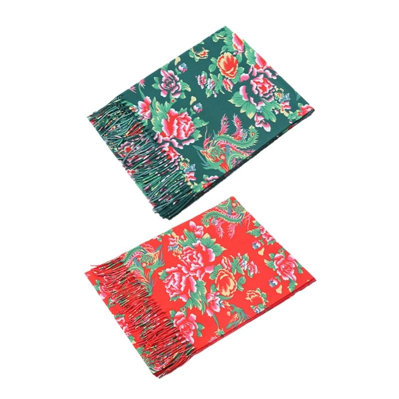 Winter Warm Ethnic Tassels Scarf for Women Northeast Big Flower Scarves Outdoor Activity Shawl Scarf Fashion Accessories
