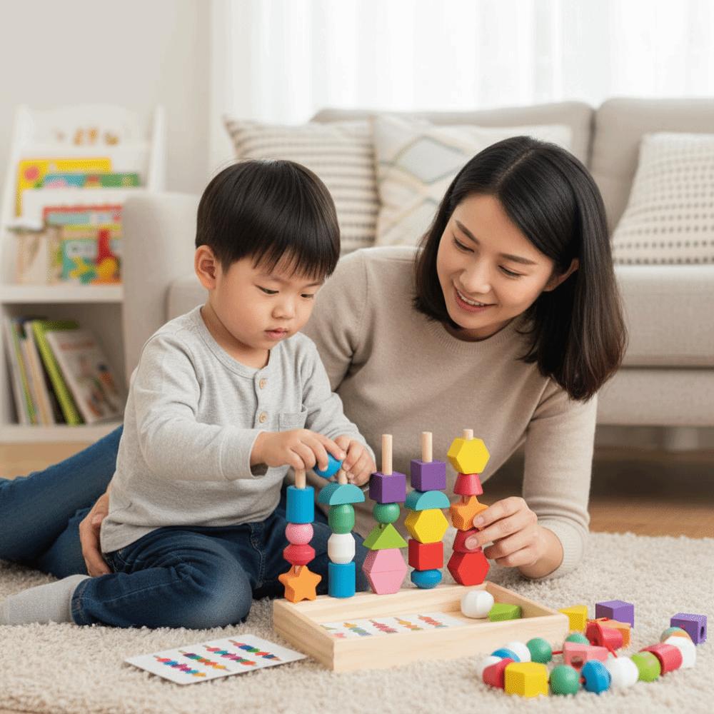 Geometric Color Shape Cognition Toys Interactive Wooden Beads Sequencing Toy  Kindergarten Kids