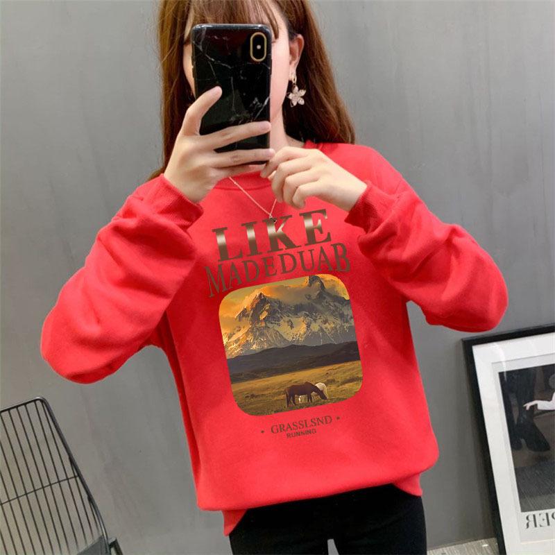 Unisex Korean Style Casual Letter Print Plus Velvet Sweatshirt, Long Sleeve, Round Neck, Loose Fit for Autumn/Winter.