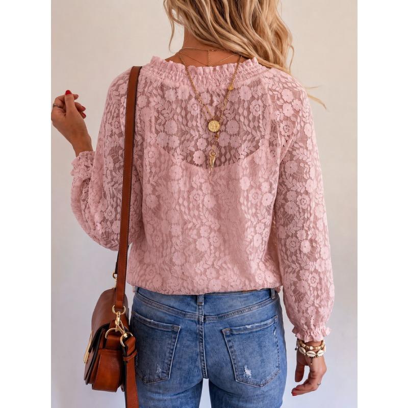 Loose Fit V Neck Long Sleeve Lace Solid Color Pullover Shirt