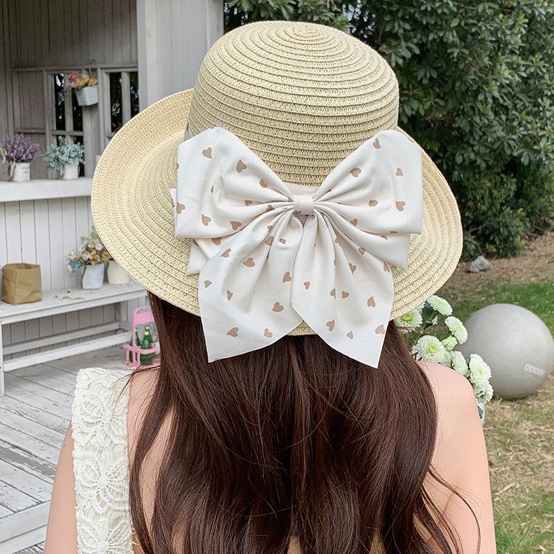 Summer Bow Sun Hat Female, Seaside Beach Vacation Sun Hat Outdoor Big Brim Sun Hat Sweet Straw Hat