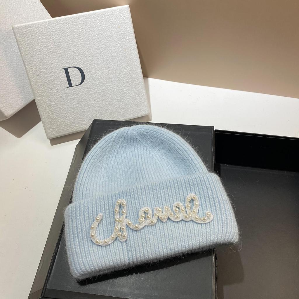 Pearl Hat Rabbit Hair Warm Knit Hat Women's Fashionable Winter Cold Hat Increase And Lengthen Double Folded Edges Hat
