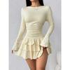 Women's Round Neck Long Sleeve Slim Fit Layered Ruffle Mini Dress Casual Fall Party Dress