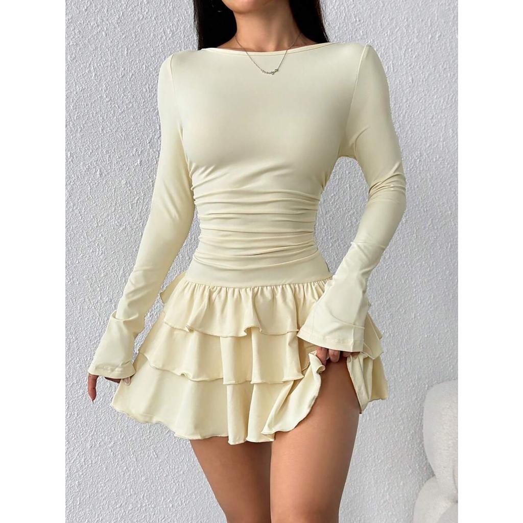 Women's Round Neck Long Sleeve Slim Fit Layered Ruffle Mini Dress Casual Fall Party Dress
