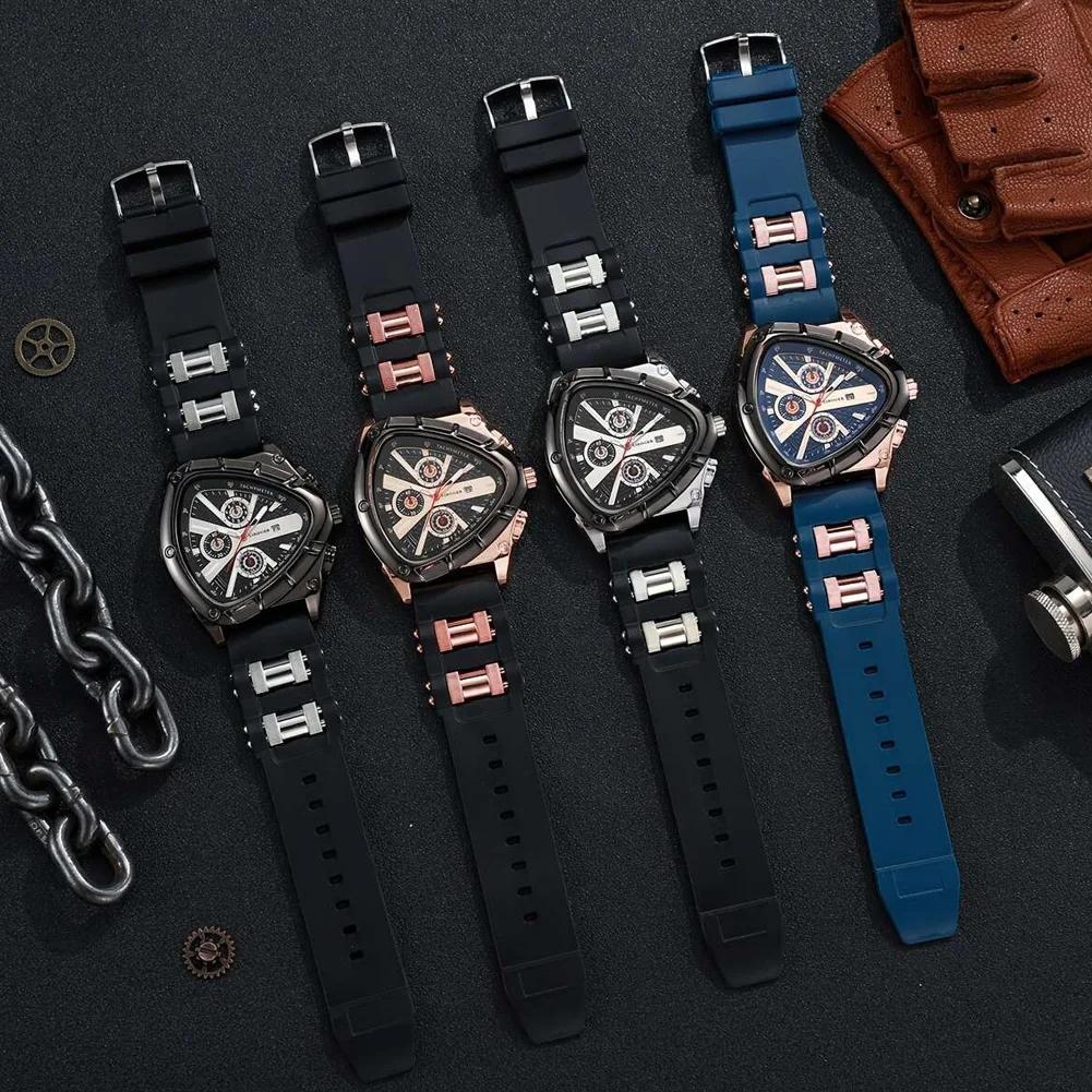 Men Universal Casual Quartz Watch Multifunctional Polygonal Three-Eye Dial Silicone Strap Auto Date Wristwatch Men Festival Gift