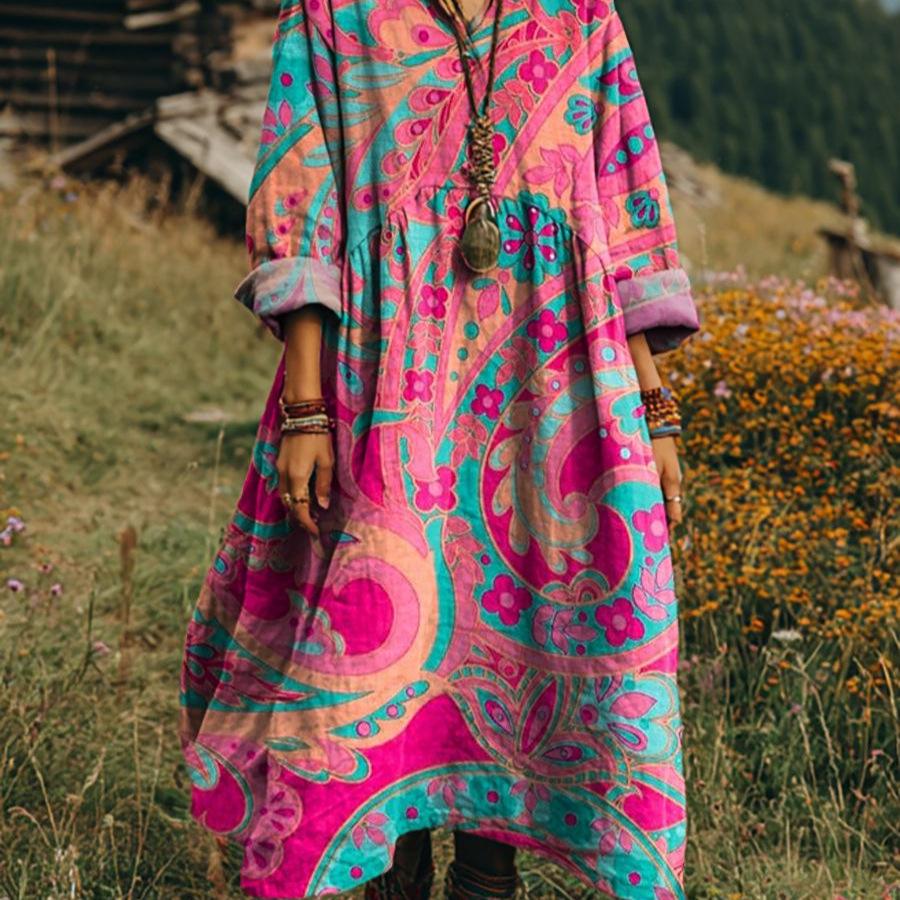 Retro Böhmisches V-Ausschnitt Ethnisches Stil Kleid - Europäischer & Amerikanischer Lässiger Lockerer Schnitt