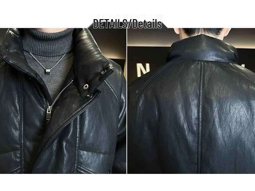 Men's Trendy Winter Leather Down Jacket - Short Stand Collar, Warm, PU Leather, Thickened, Wash-Free