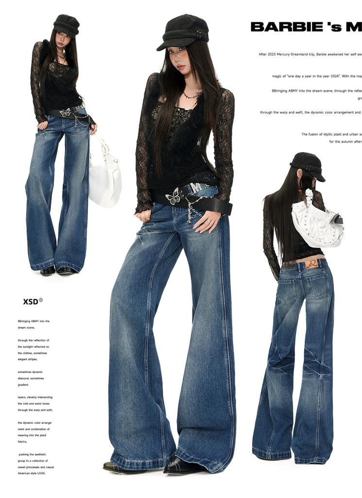 American retro street lightning pattern design jeans women's autumn new low-rise and thin versatile floor-mopping wide-leg pants