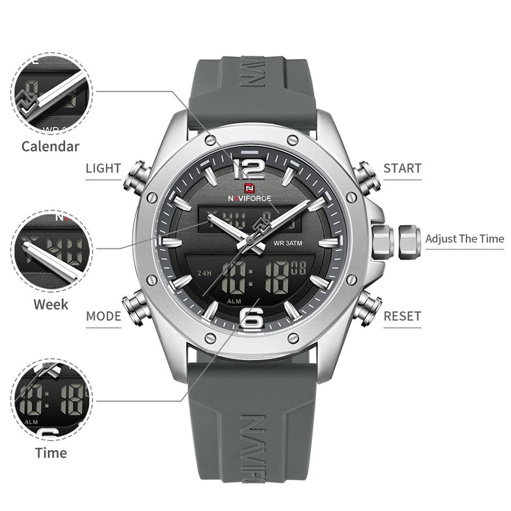 Naviforce Ceas Original Dual Time pentru Bărbați Ceas Digital LCD Ceas Quartz Dată Calendar Curea Silicon Impermeabil NF9264