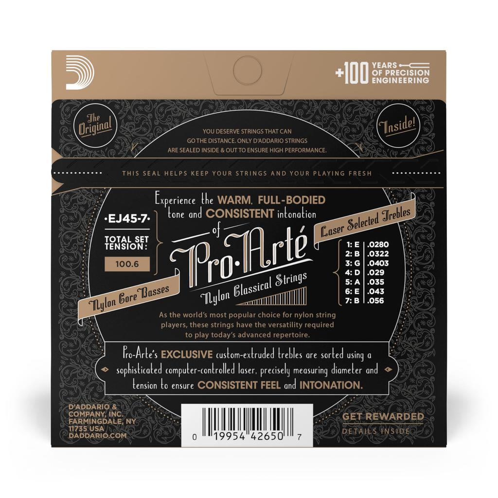 Klassikgitarrensaiten Versilbert Nylon Normale Spannung D'Addario Pro-Arté Kupfer/Schwarz 7-Saiter EJ45-7