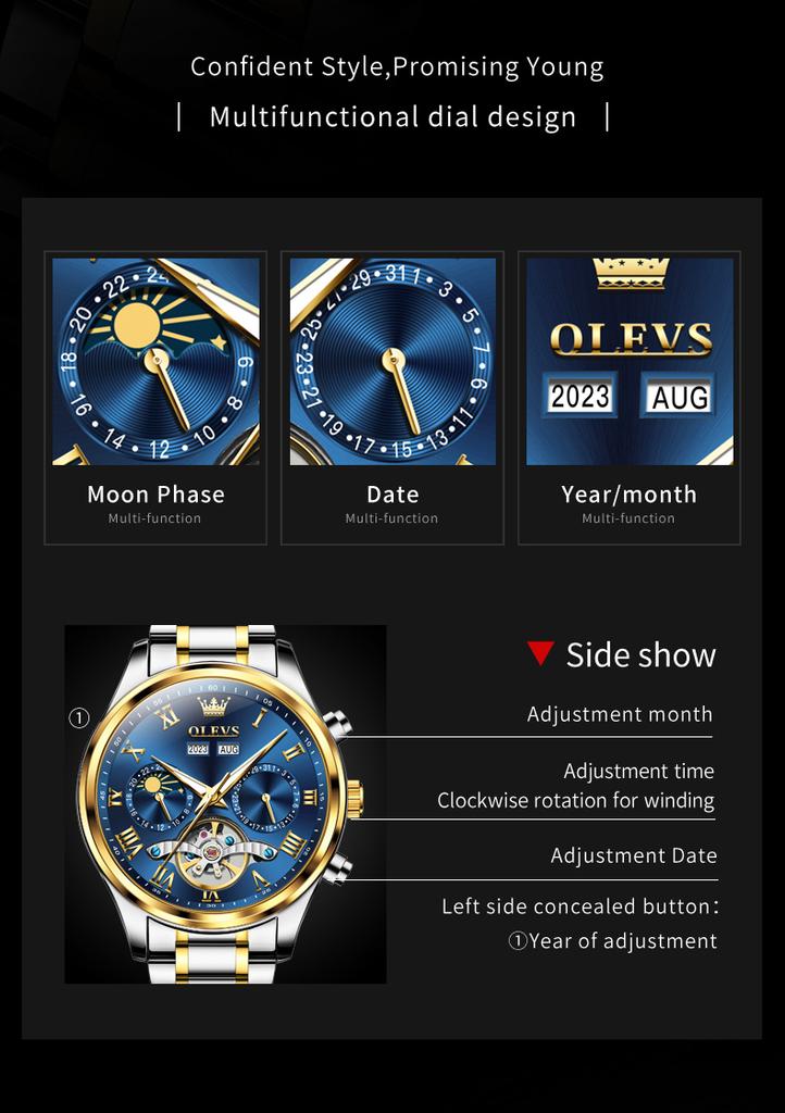 OLEVS 7005 Automatic Man Watch Luxury Skeleton Flywheel Watch 24 Hour Moon Phase Calendar Waterproof Mechanical Men's Watches