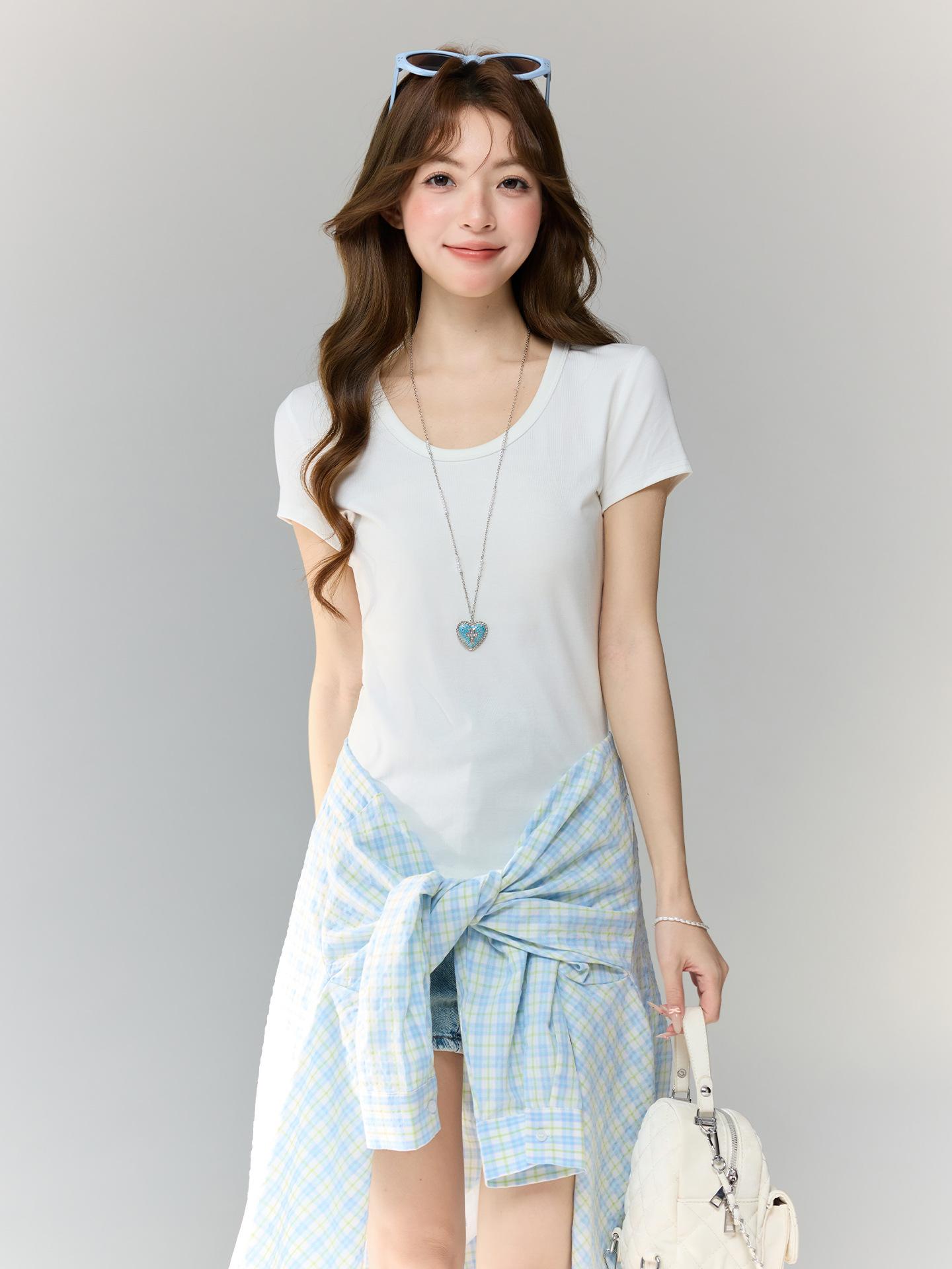 Solid color shoulder crew neck Lyocell short-sleeved t-shirt women s new summer slim-fit bottoming shirt U-neck top women s S белый
