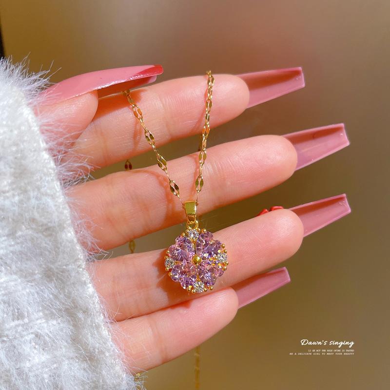 Auspicious Grass Pink Diamond Temperament Micro Diamond Necklace Women'S Exquisite Wind Collarbone Chain With Jewelry