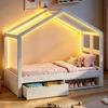 Houten Bed 90×190 cm, met Lades en Kleine Schoenenkast, met Meerkleurige LED-Verlichting, Lattenbodem, Eenpersoonsbed, Jeugdbed, Wit