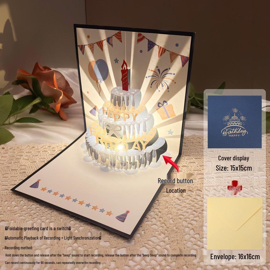 Dźwiękowa kartka urodzinowa 3D Pop-Up ze światłem do nagrywania - Wzór tortu na prezent dla chłopaka/dziewczyny