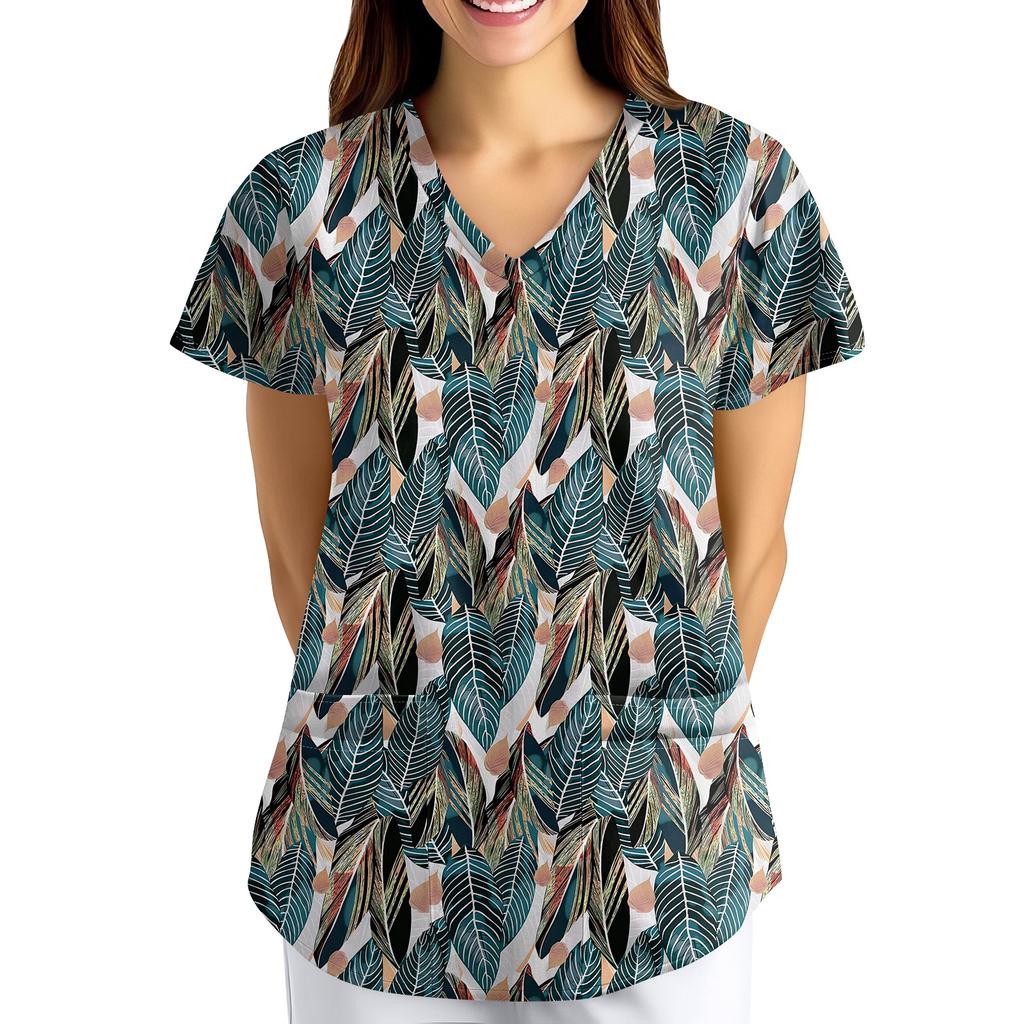 Nadměrná velikost Potištěný pracovní oděv Halenky pro dámský překřížený výstřih do V Potisk Krátký rukáv Zábavná trička Pracovní oděv Tričko s kapsami