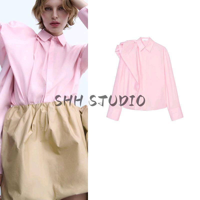Spring New Women's Clothing Asymmetrical Design Polo Collar Long Sleeves Shoulder Fluffy Poplin Shirt 2510259