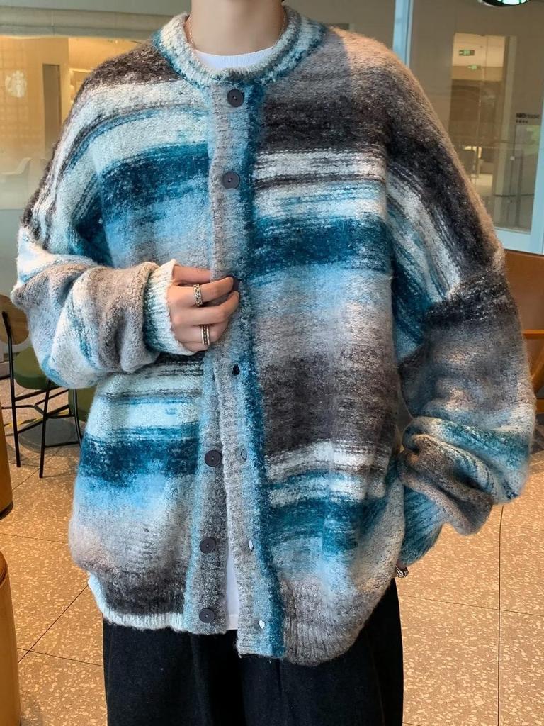 Men's Trendy Color Block Knit Sweater - Autumn/Winter Warm Round Neck Cardigan